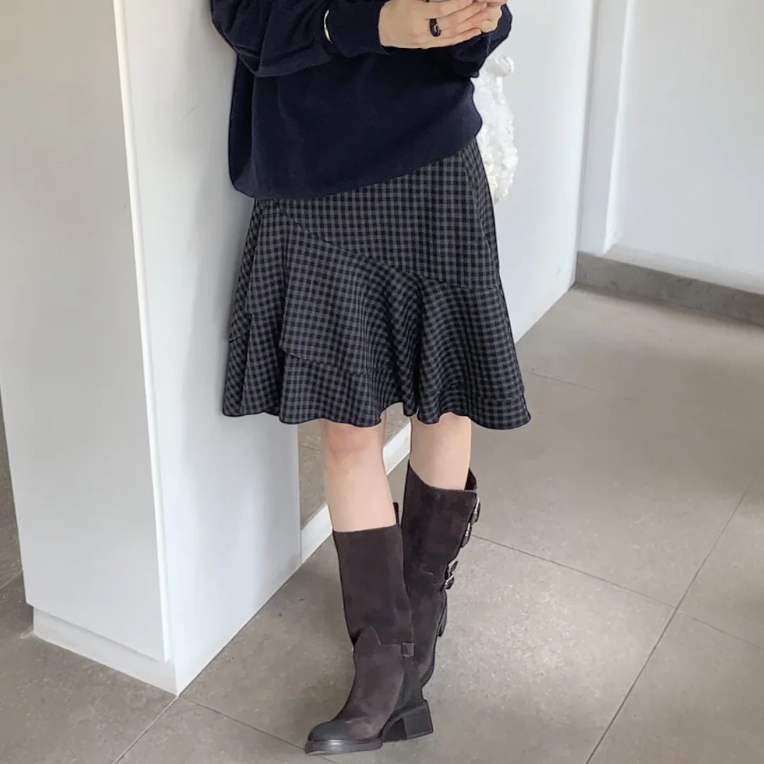 Tiered Ruffle Check Skirt (Black)