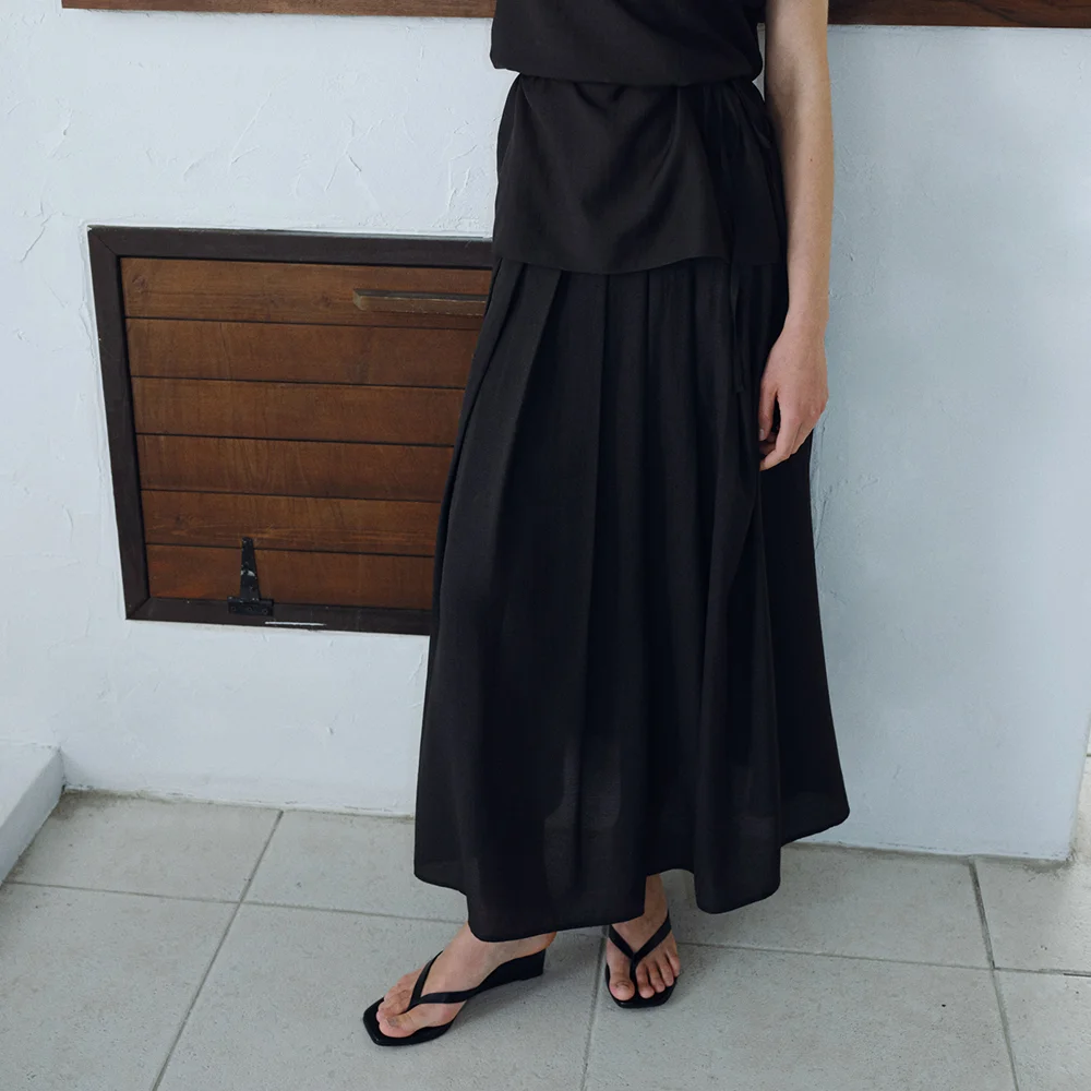 CORN PLEATS LONG SKIRT_BLACK