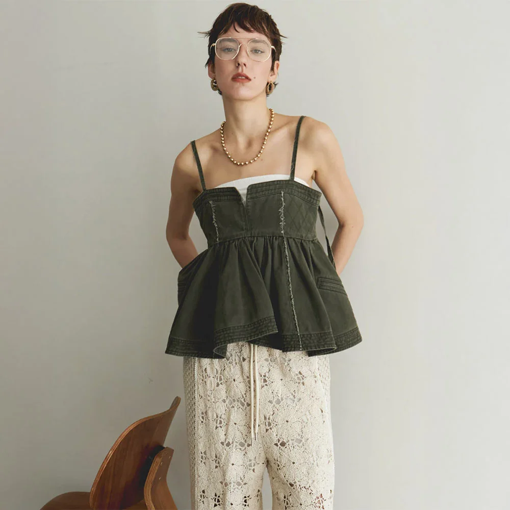 (W) WASHED PEPLUM TOPS (KHAKI)