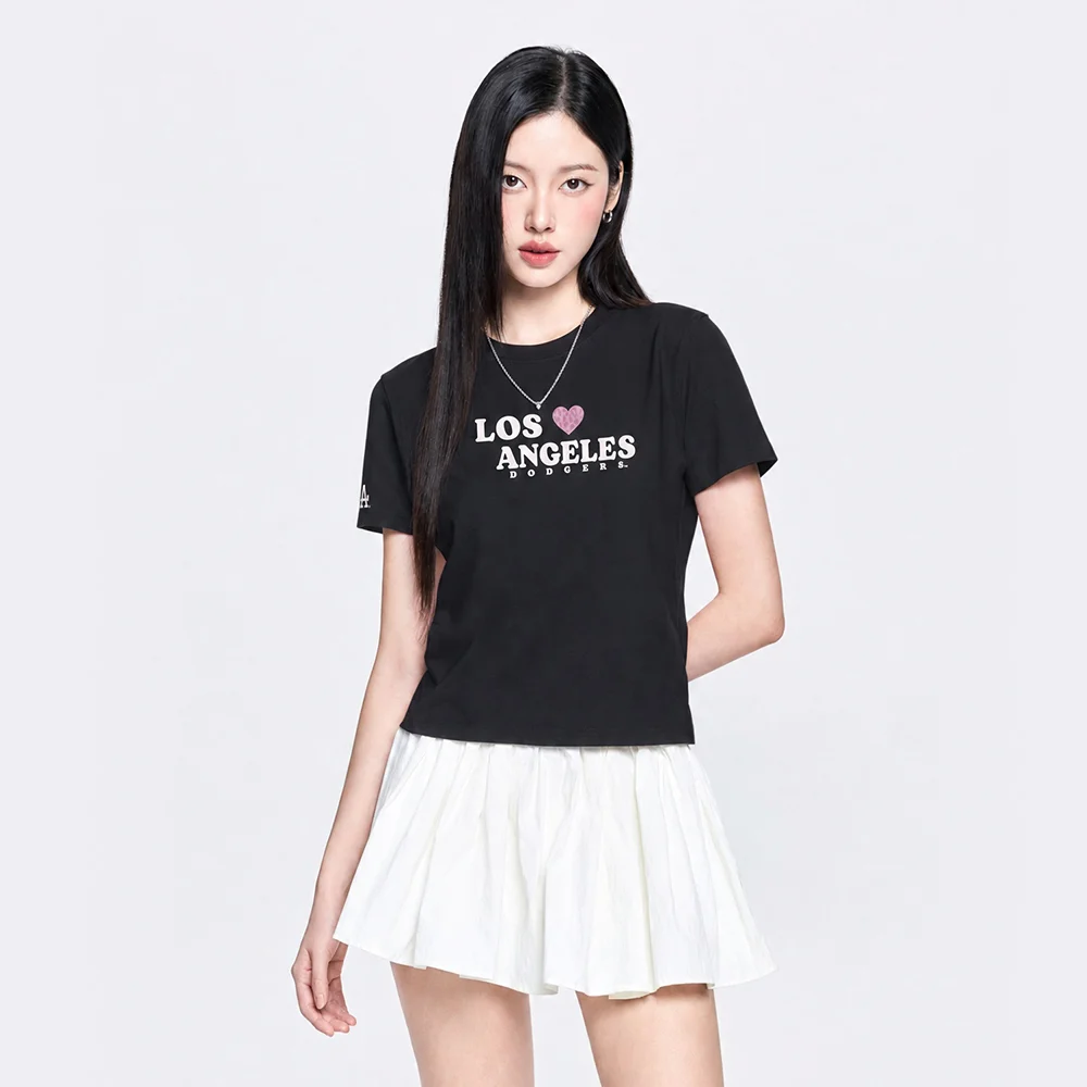 女裝 豹紋 心形 字母印花 修身 半 短版 短袖 T恤 LA (Black)