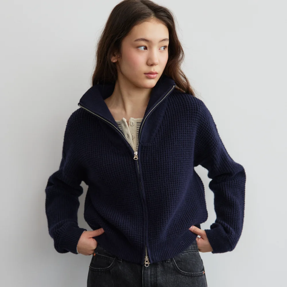 Brie Waffle Half-Neck Zip Up (Navy)