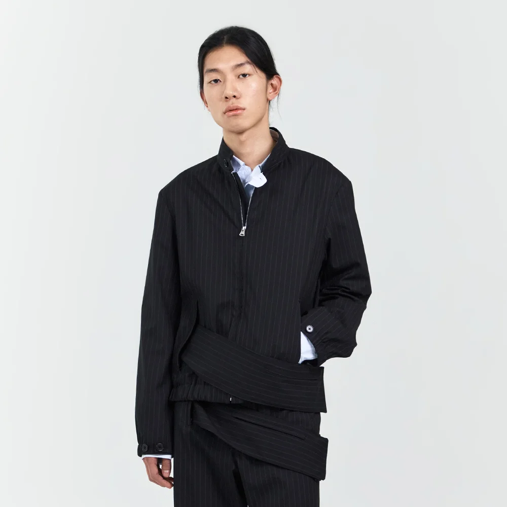 MENS BELTED POCKET BLOUSON BLACK (STRIPE)