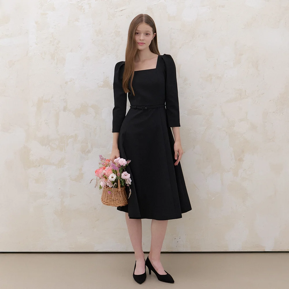 Square-neck Flare Dress(LL) / Black(5color)