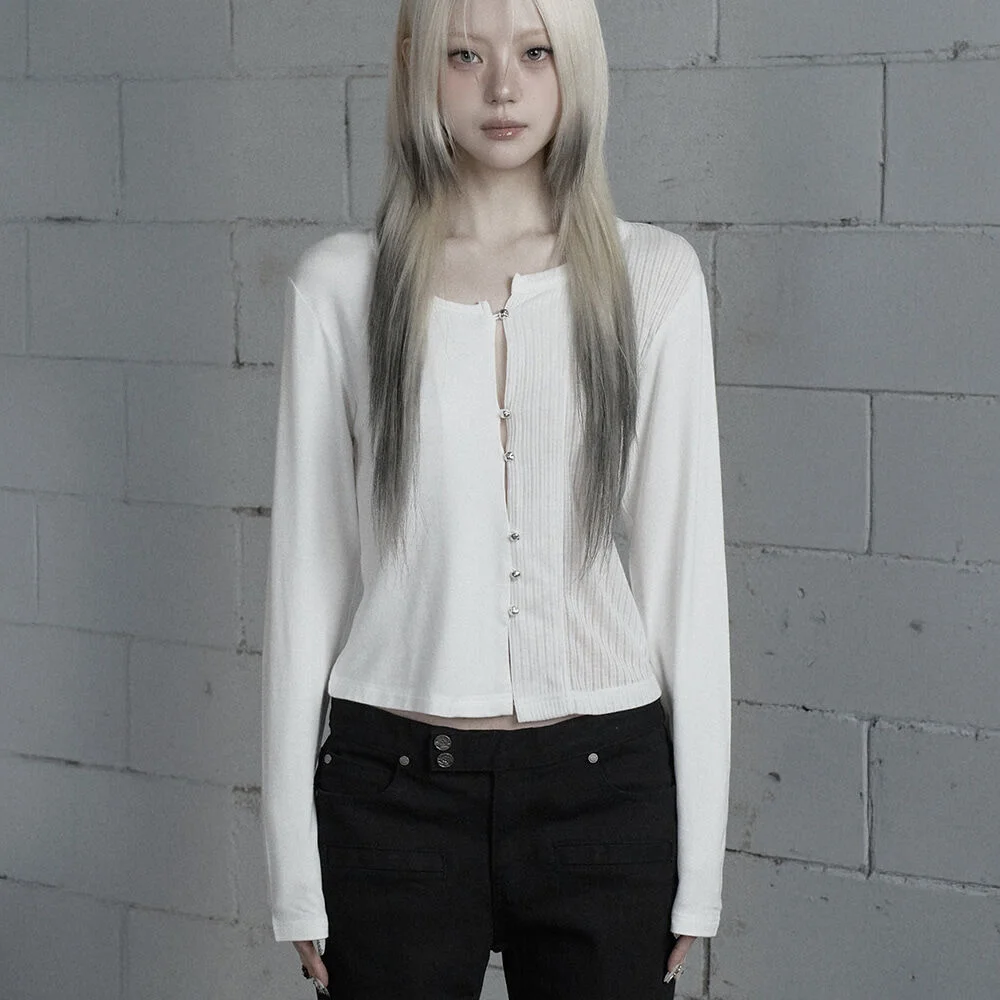 Unbal Color-Block Button Point Cardigan (Ivory)