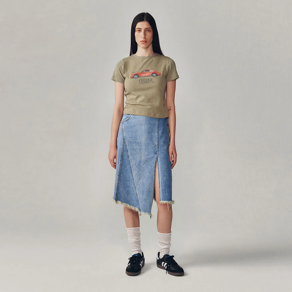 ASYMMETRIC DENIM MIDI SKIRT