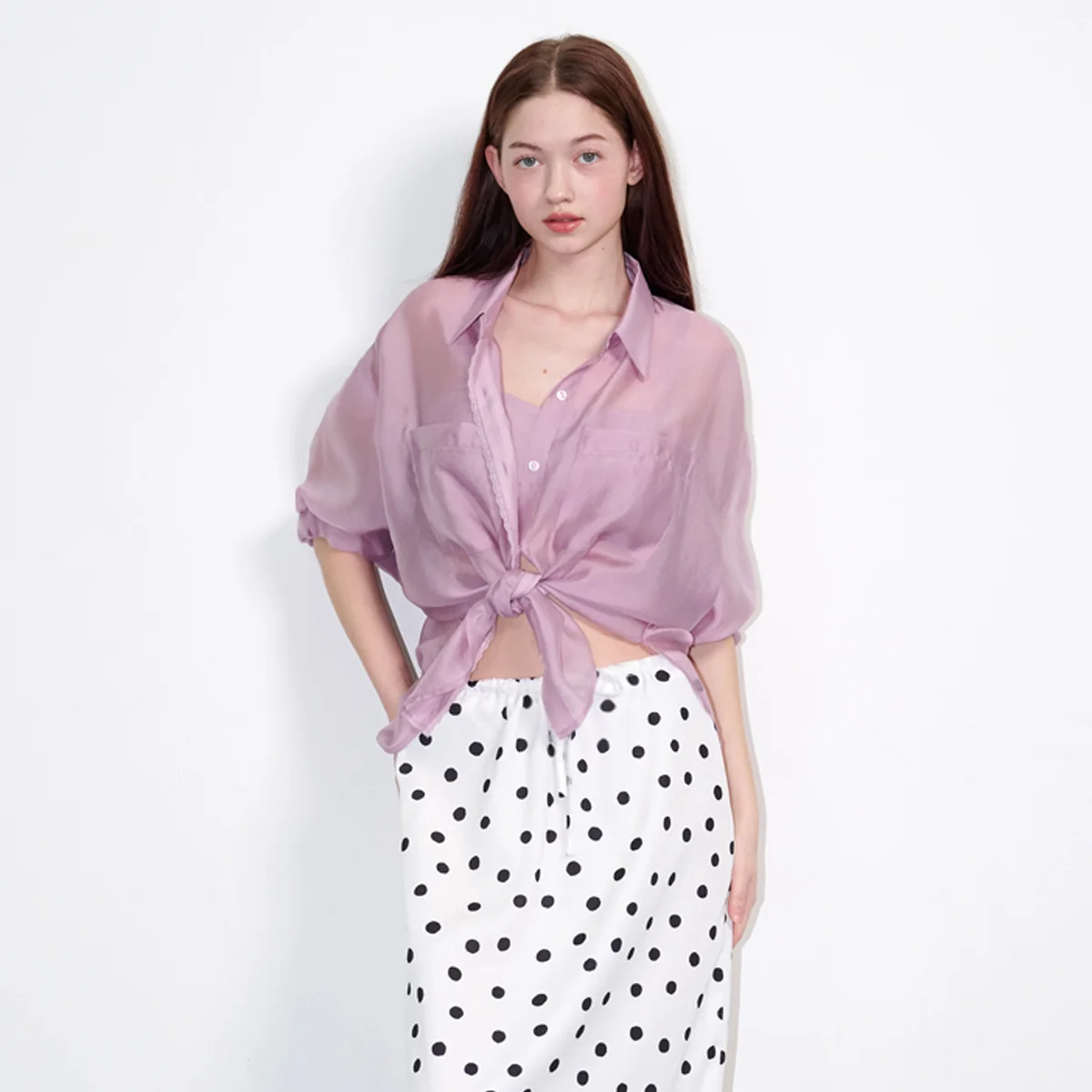 See-through lace silky shirt Pink