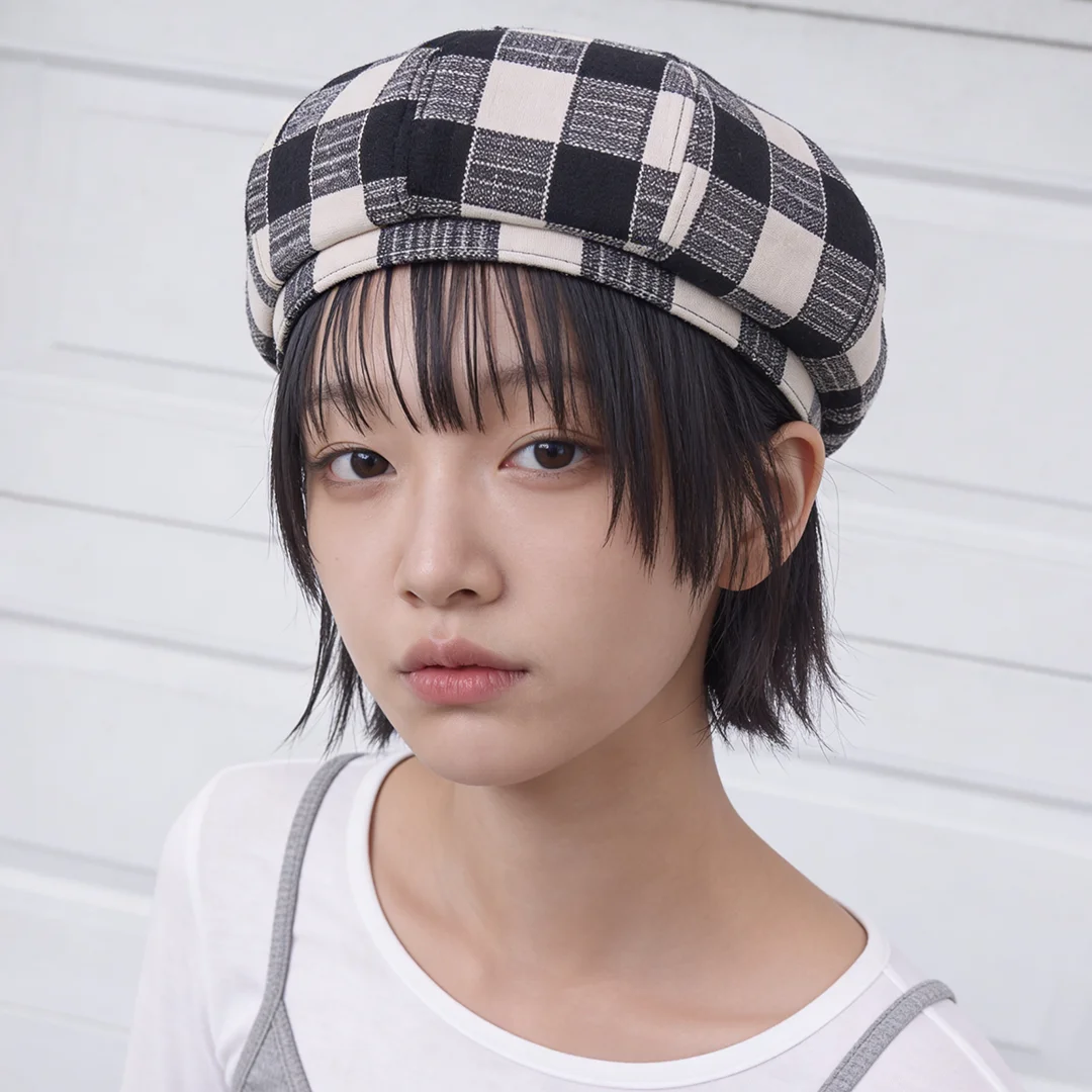 格紋 圖案 秋季 復古 日常 女裝 報童帽 貝雷帽 BREAD BERET / SHADE CHECK / MILK NAVY