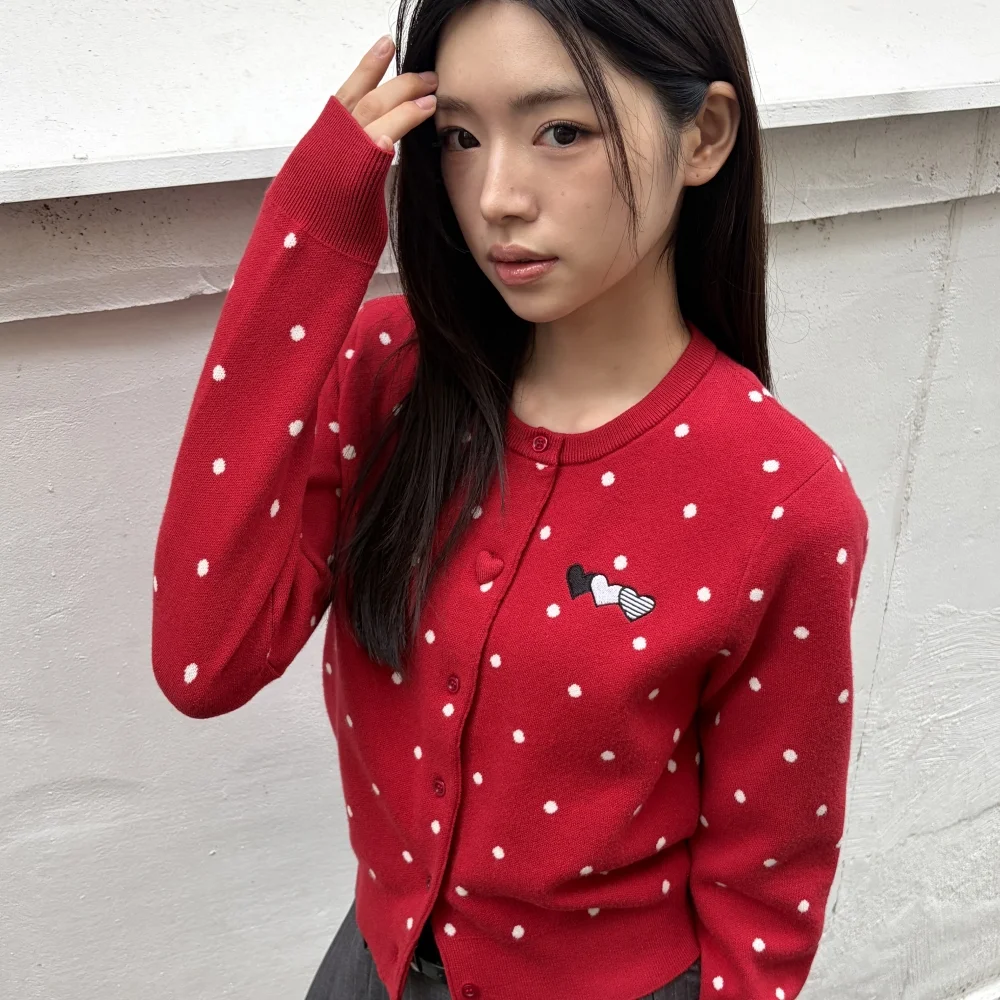 Heart Button Point Cardigan Red