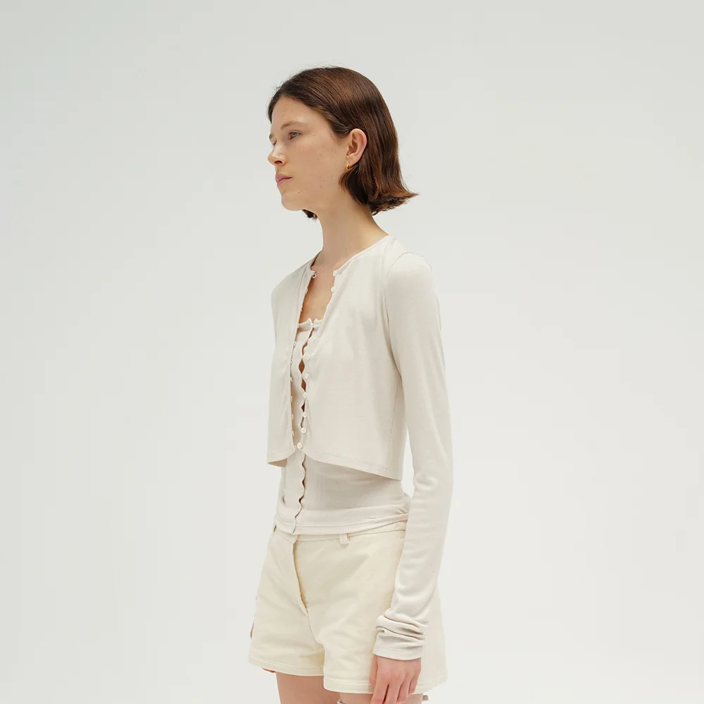 Ribbed short cardigan (cream / dark gray / black)