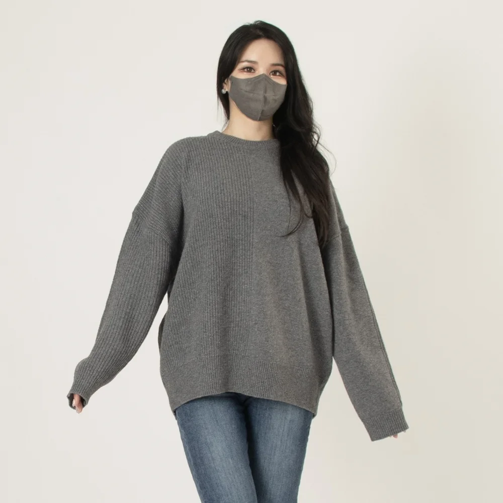 中性 半 反轉圖案 寬鬆版型 羊毛(WOOL)針織衫 - 灰色