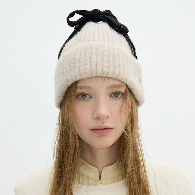 Ribbon Detail Beanie - Ivory