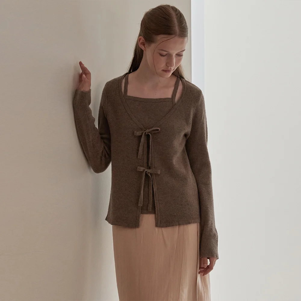 Ribbon layered cardigan - Cocoa