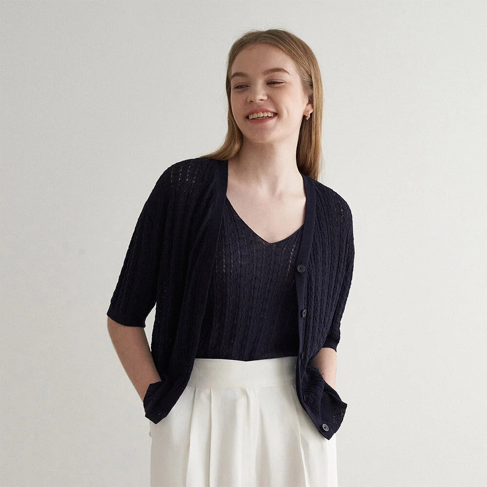 Twist half sleeve knit cardigan - navy