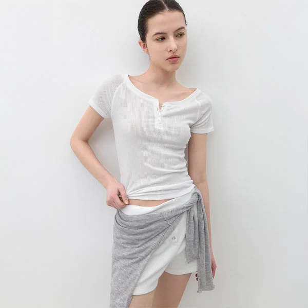 AN SOFT RIBBED BUTTON UP SLIM HALF T (T-7231)