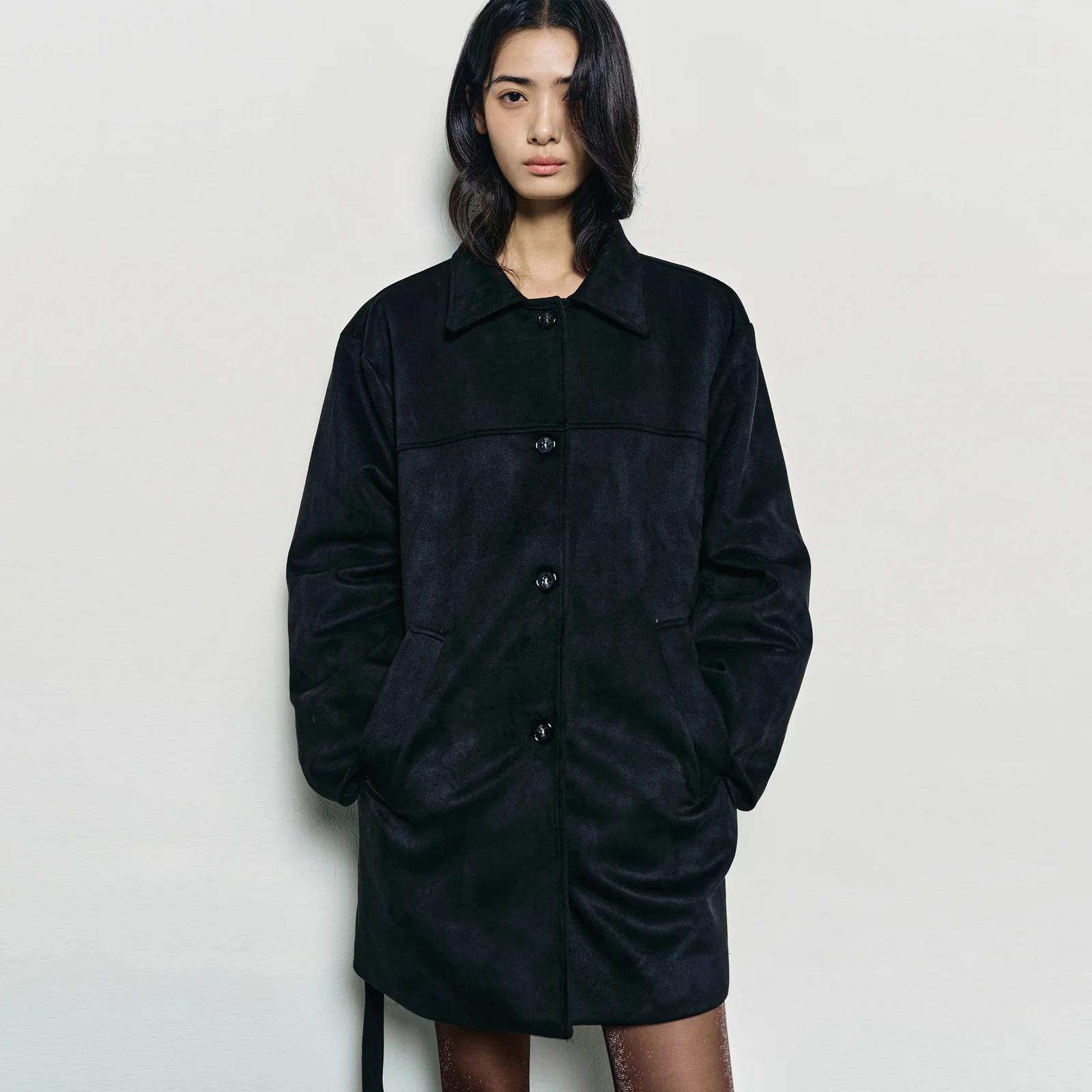 SUEDE BELTED HALF COAT_BLACK