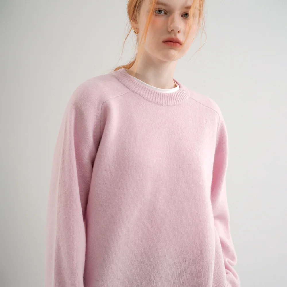 Merino Wool 100% Basic Loosefit Round Knit (Pink)