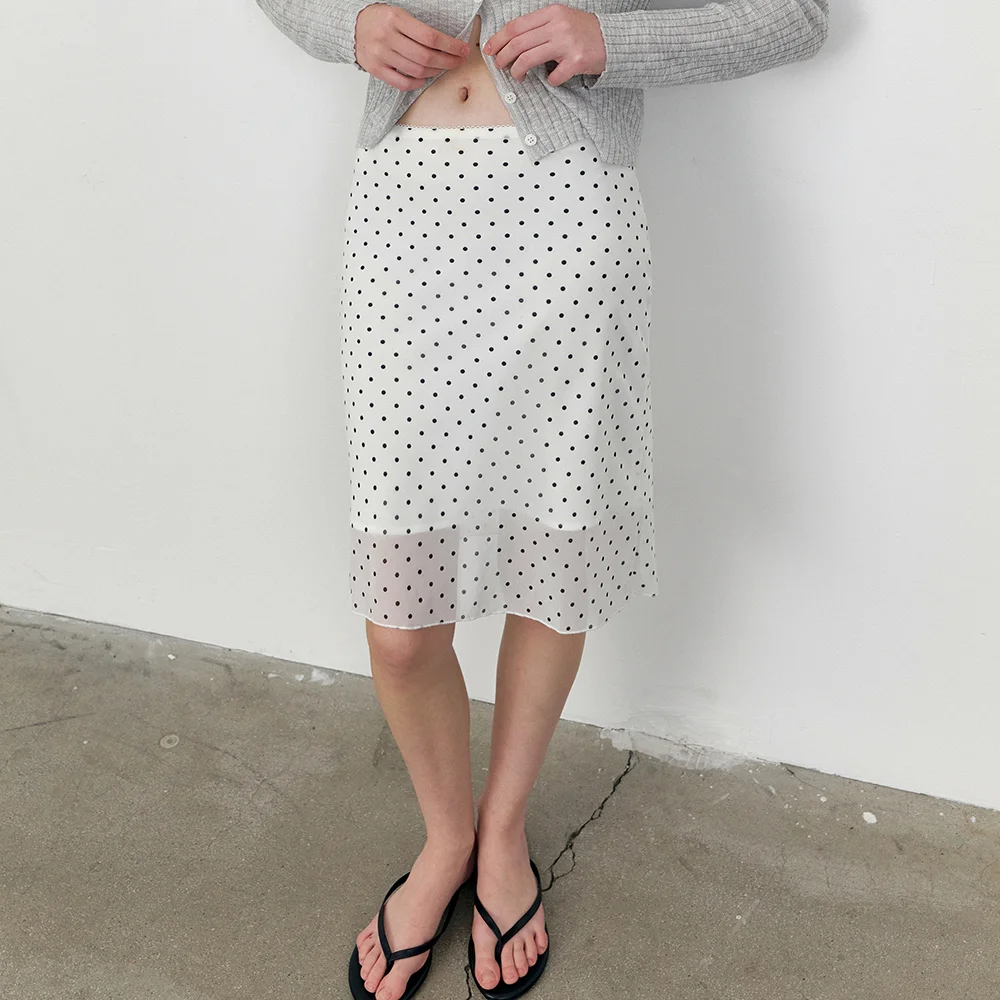 Polka dot chiffon midi skirt_Ivory