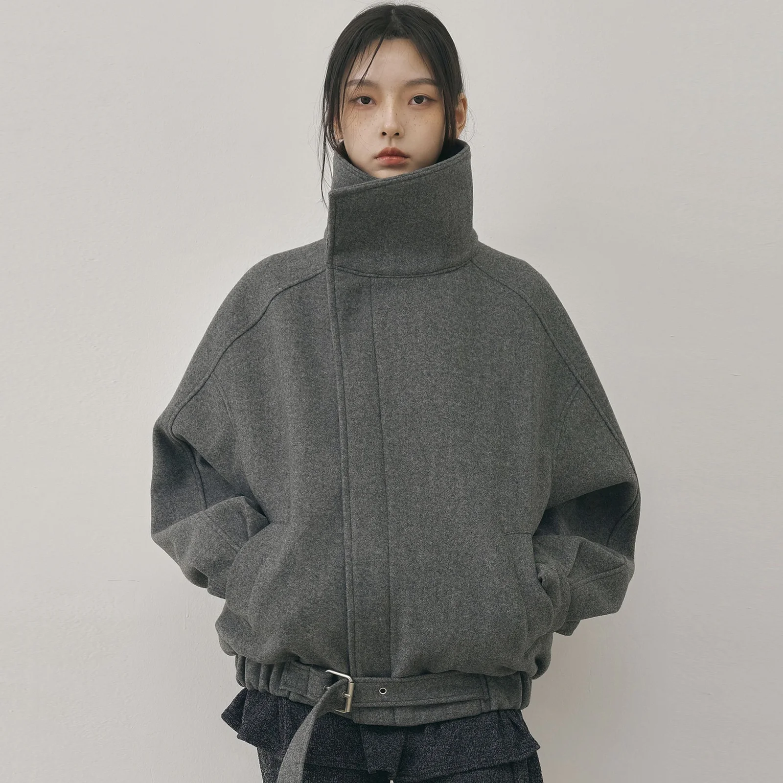 HIGH NECK HALF COAT_CHARCOAL