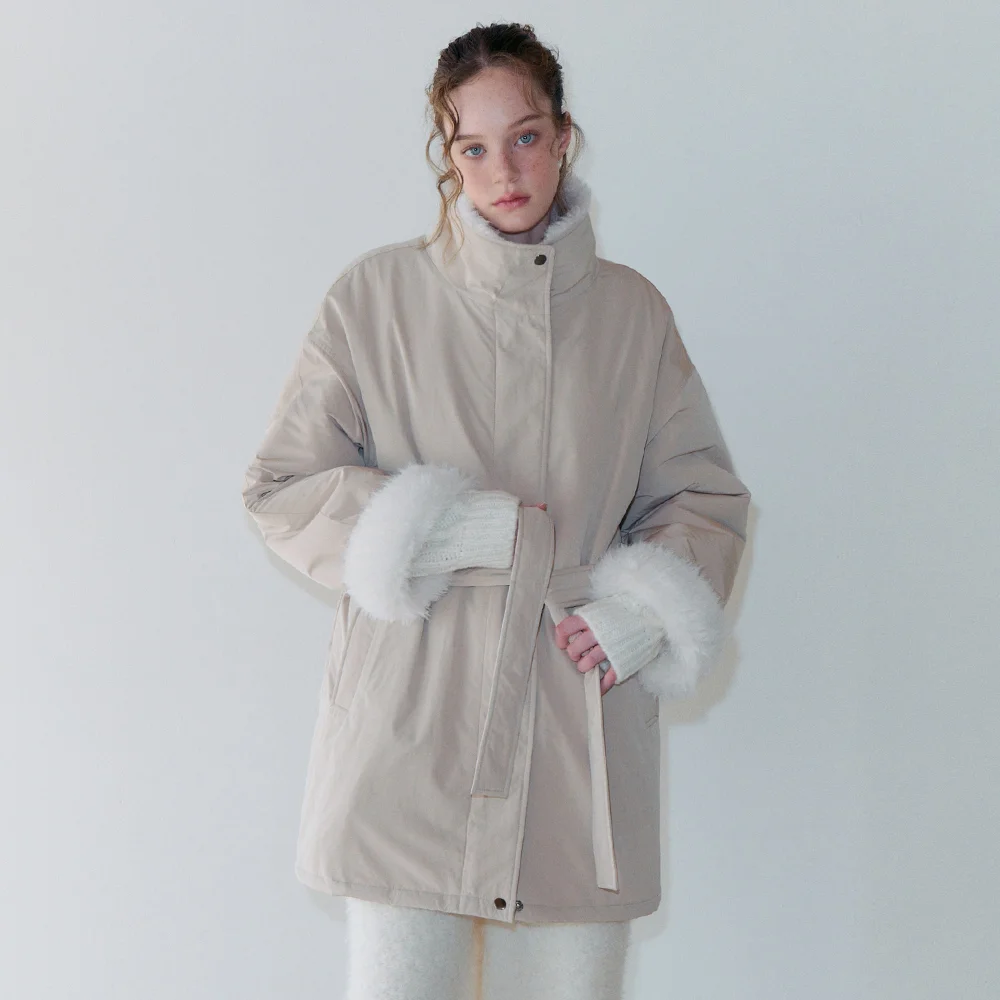 Belt Fur Padded Coat, Light Beige