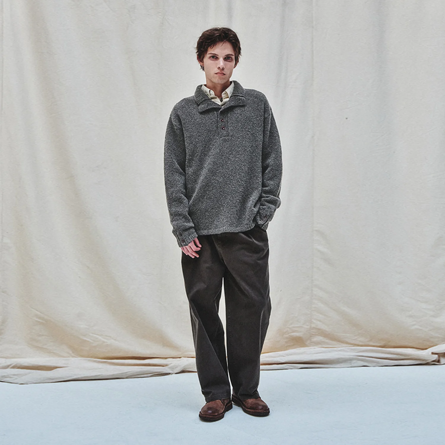 Alpaca Blended Button Down Turtle Neck Knit_Stone