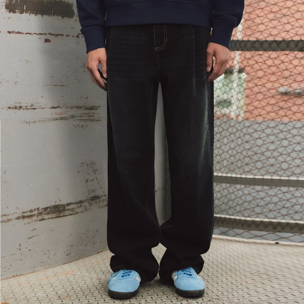 男裝 復古 褶 寬版 牛仔 褲子