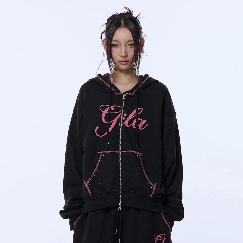 STITCHED SMALL LOGO HOOD ZIP-UP_BLACK