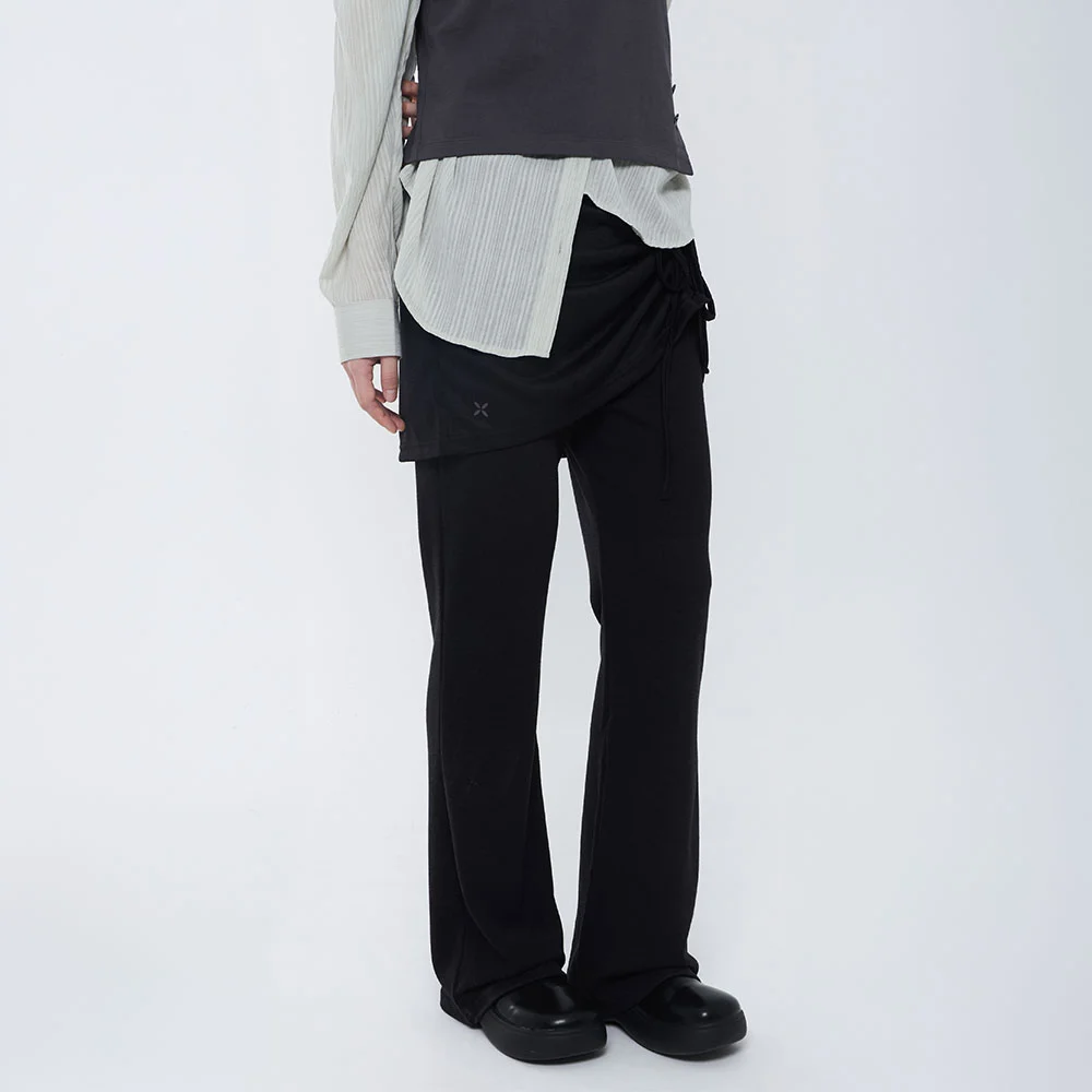 Two-Way Shirred Layered Skirt Pants_Black