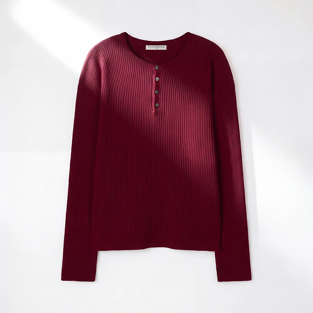 Textured Ribbed Cotton Henleyneck BURGUNDY
