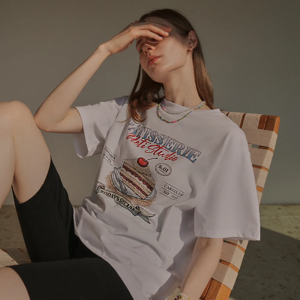 Cotton Oversized Lettering&Cake Print Tee (white)