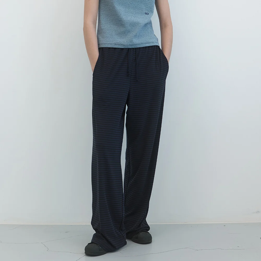 寬版 居家 鬆緊帶 褲子 (Navy Stripe)