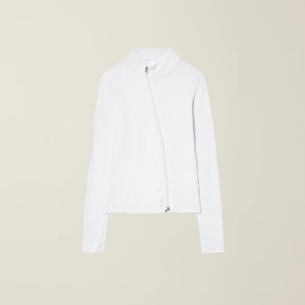 WOMENS CURVED RIBBED ZIP-UP WHITE