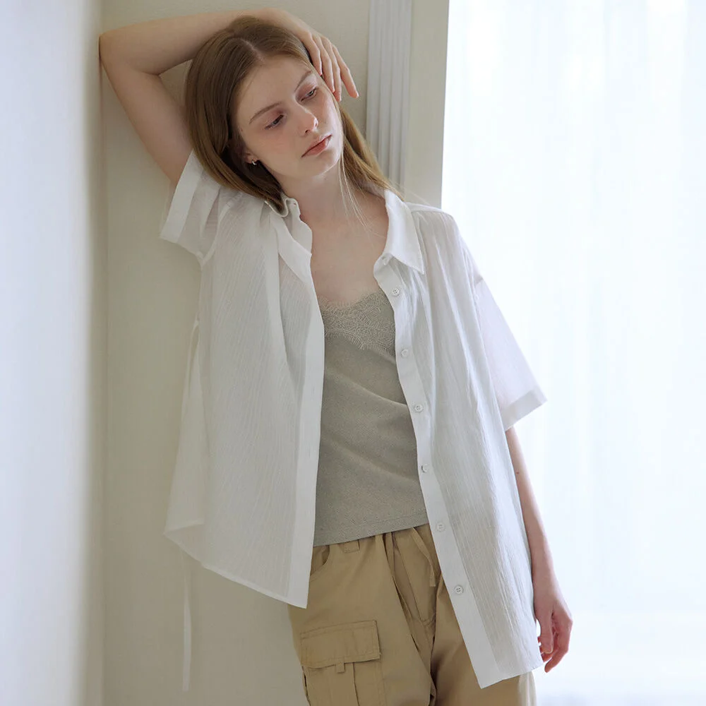 Sheer stripe half shirt _Ivory