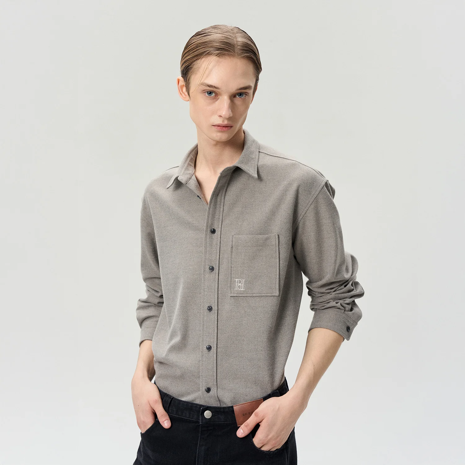 LOGO EMBROIDERED WOOL SHIRT ASH GRAY