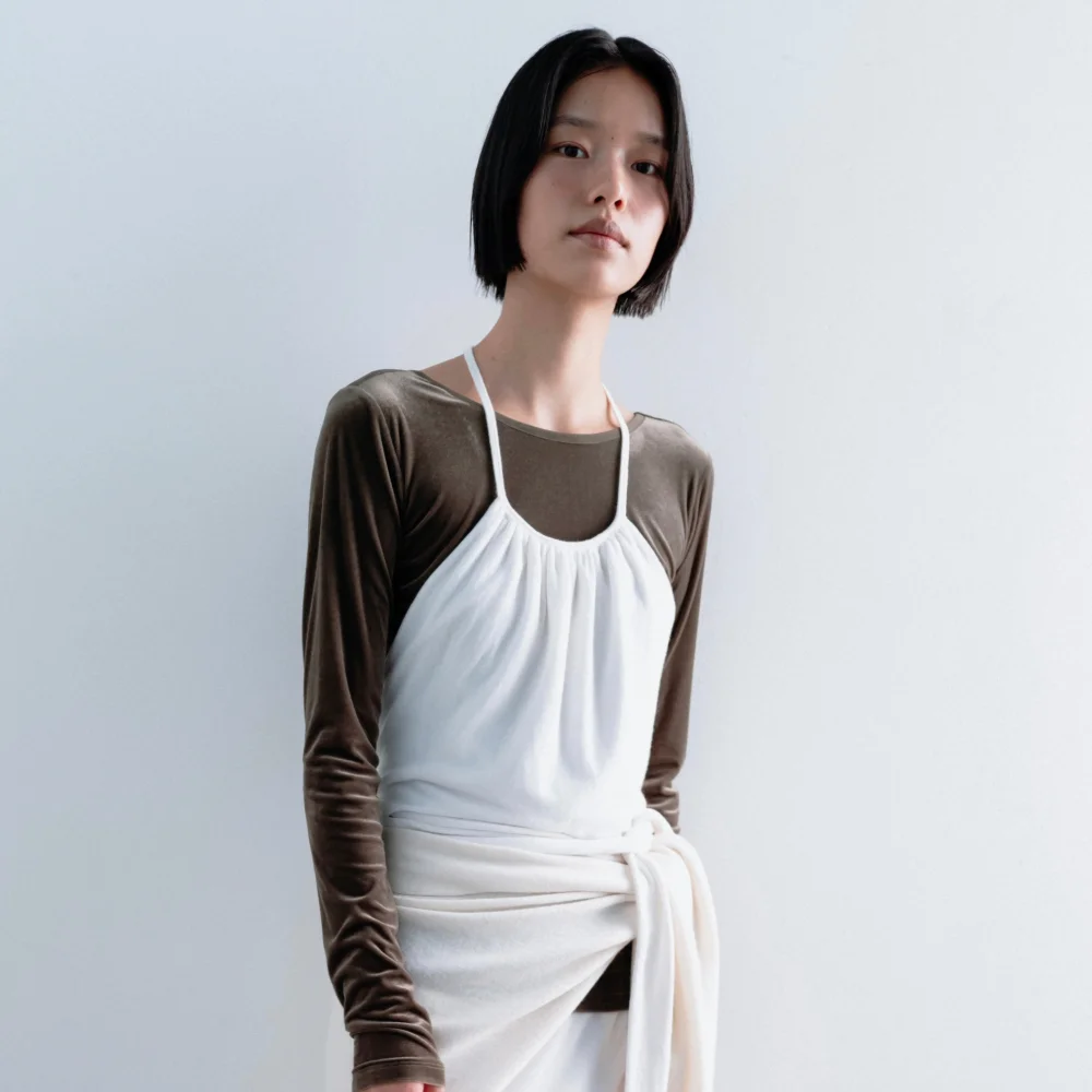 Wool jersey gathered wrap top (ivory / light beige / khaki / gray / dark gray)
