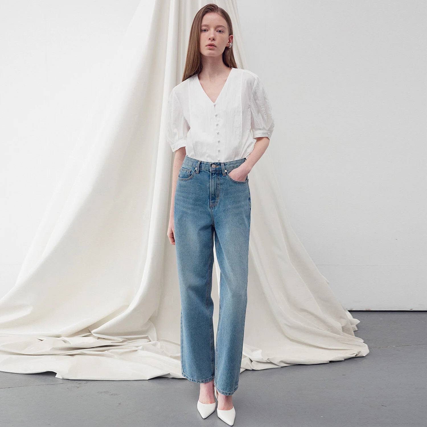 WASHED DENIM STRAIGHT LEG JEANS WASHED BLUE