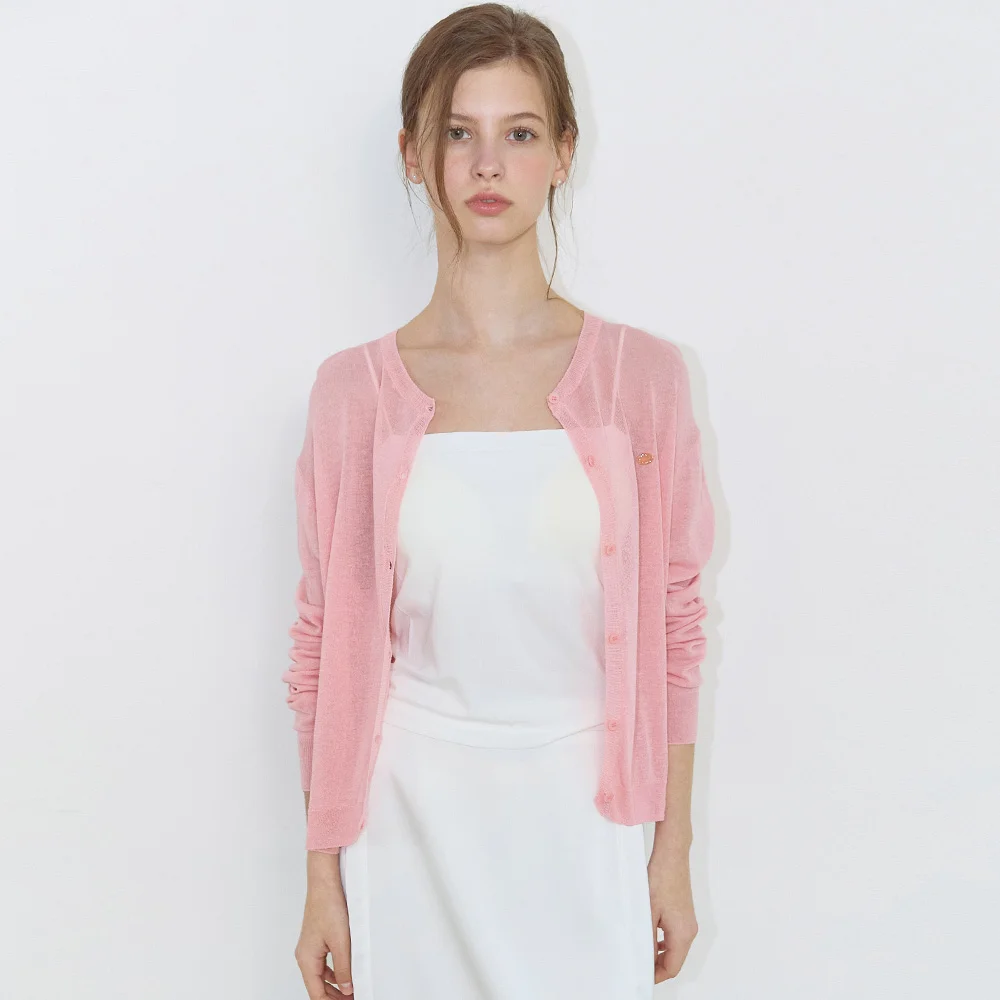 See-through Round Neck Cardigan - Pink