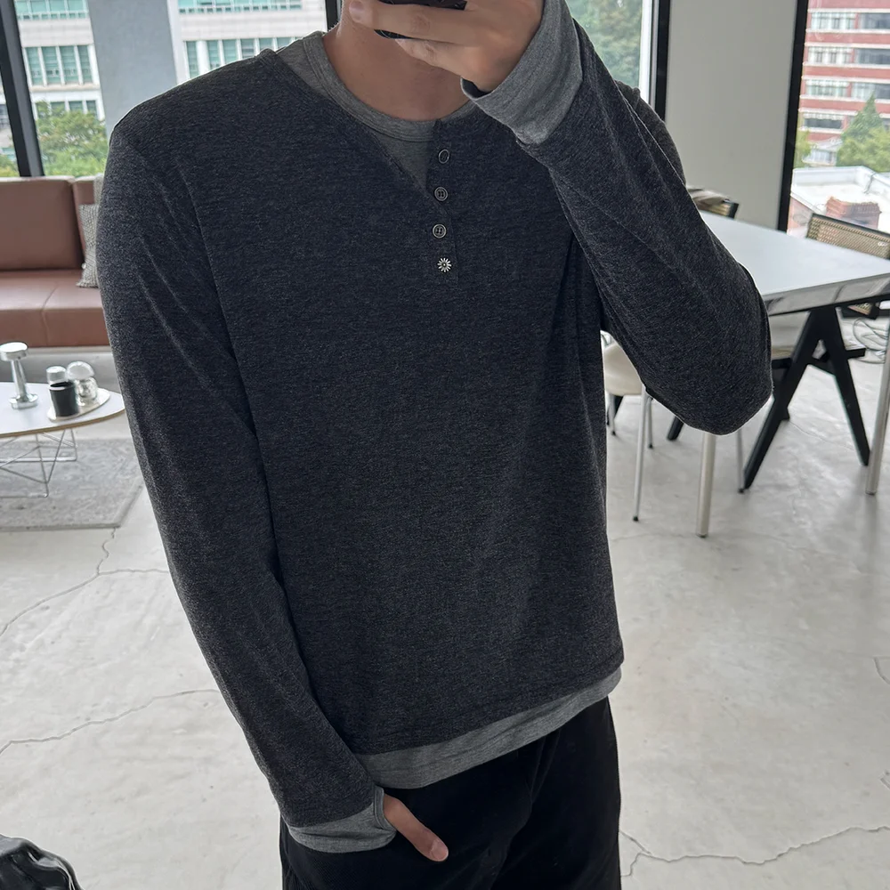 花卉 鈕扣 層次 亨利領 長袖 炭灰色