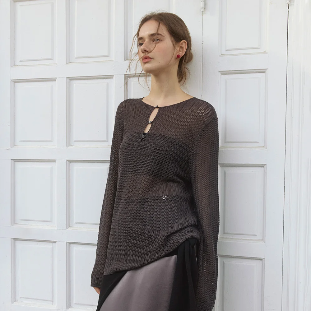 Three button net see through knit - charcoal