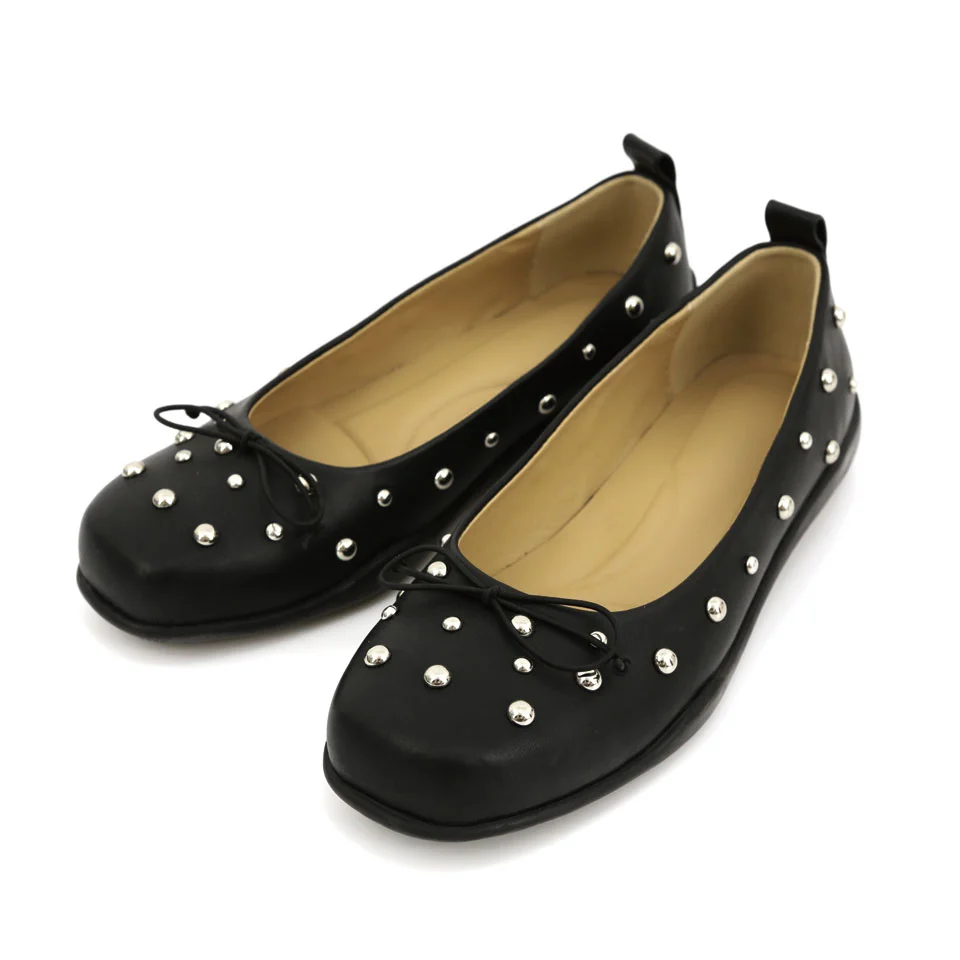 STUD BOW FLAT SHOES (BLACK)