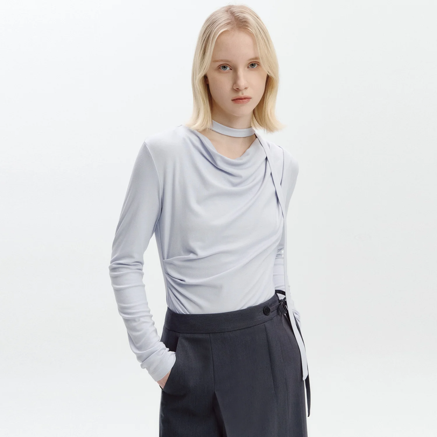 Cowl-neck Draped T-blouse LAVENDER