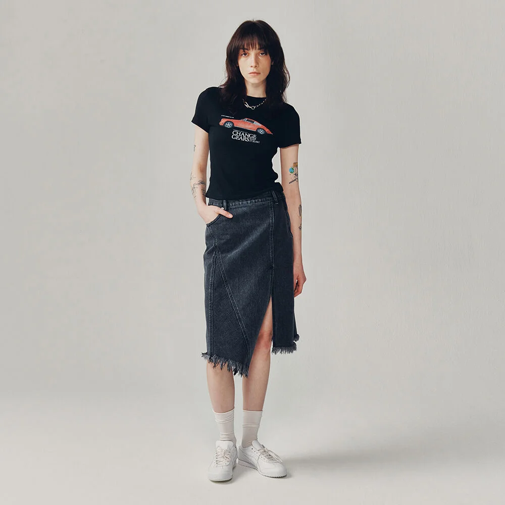 ASYMMETRIC DENIM MIDI SKIRT