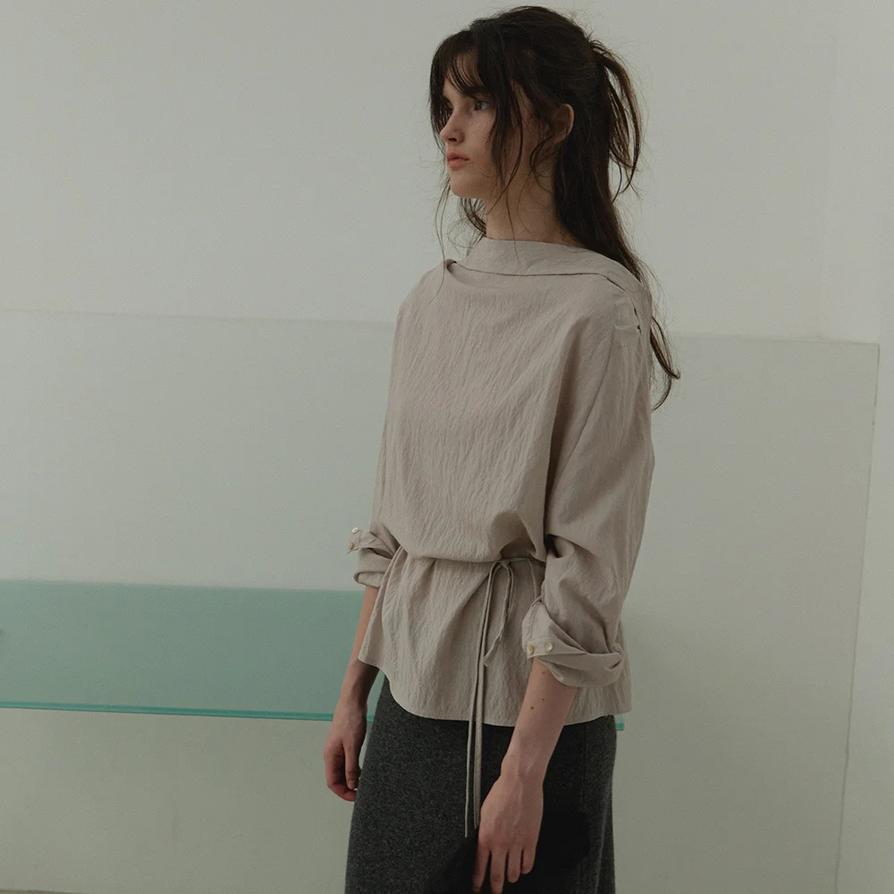 Muse drape high-neck blouse_pink beige
