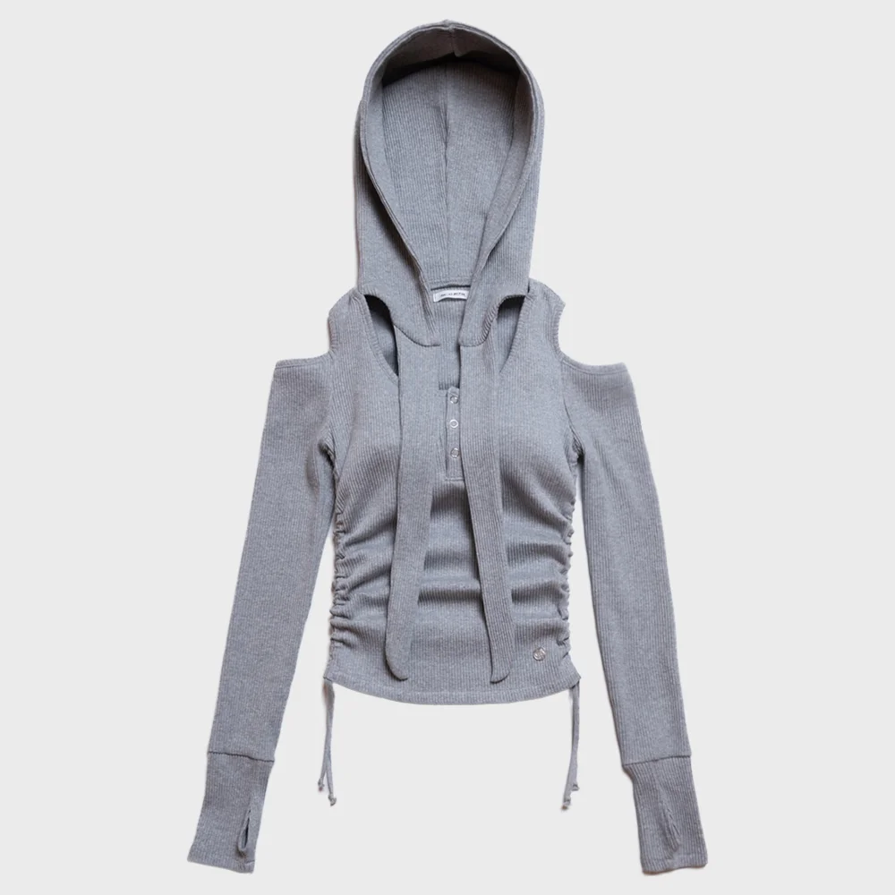 OFF SHOULDER HOODED LONG SLEEVE GRAY