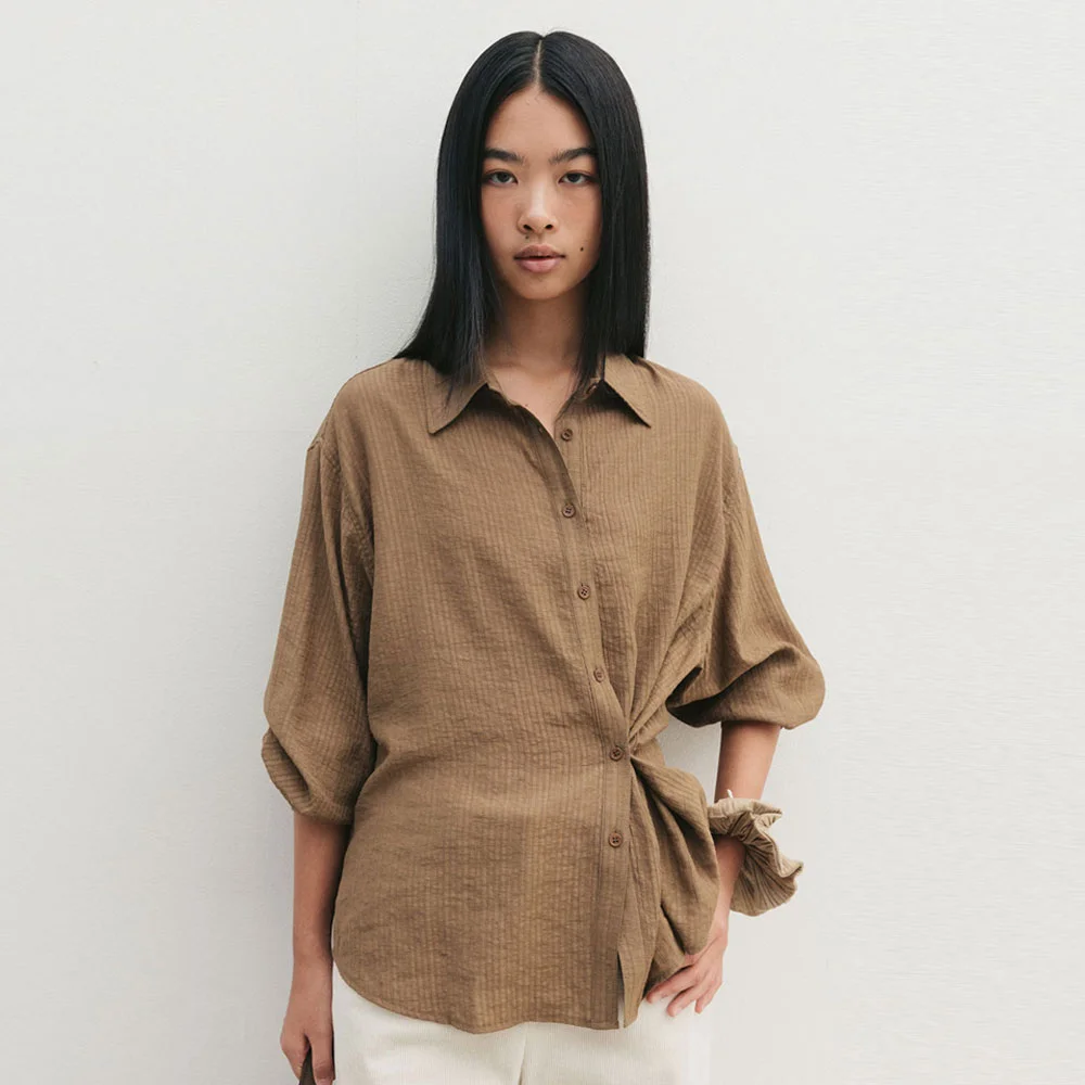 Wrinkle Button Wrap Shirts(Brown)