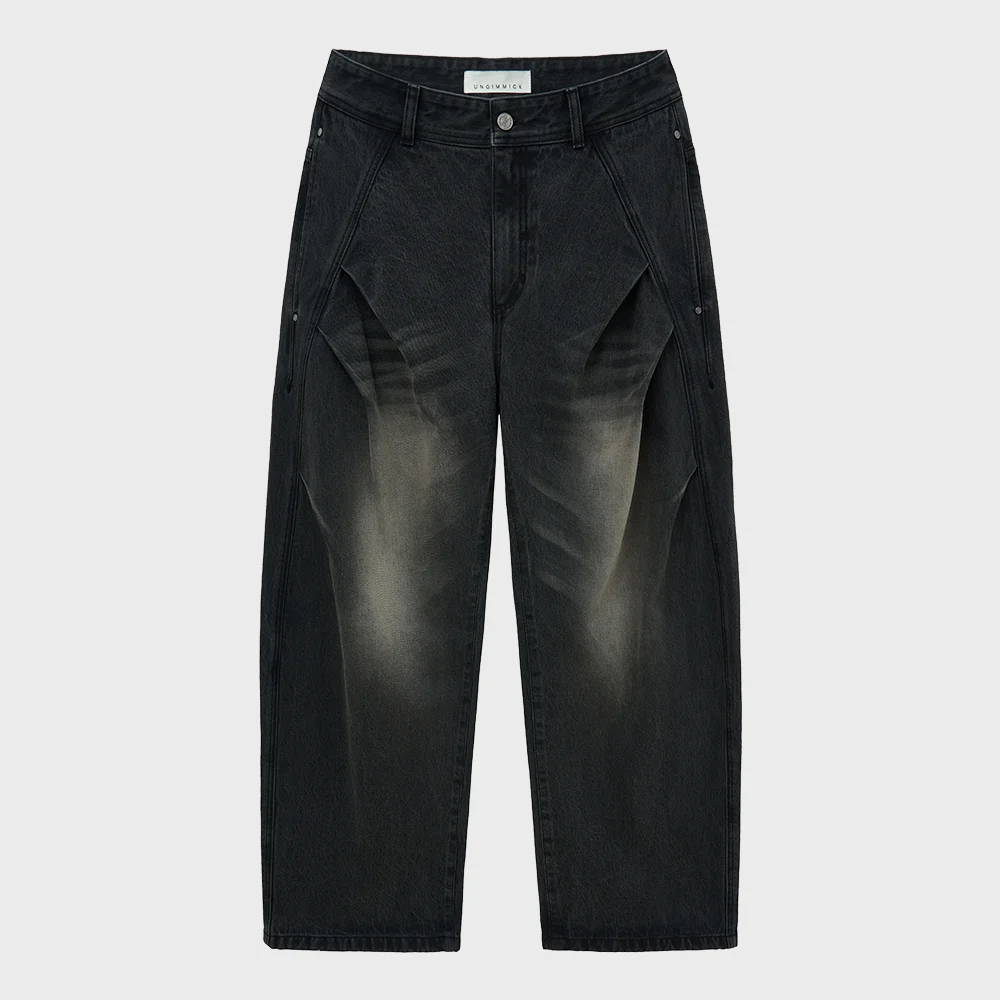 BRUSHED BALLOON TUCK DENIM PANTS (BLACK)