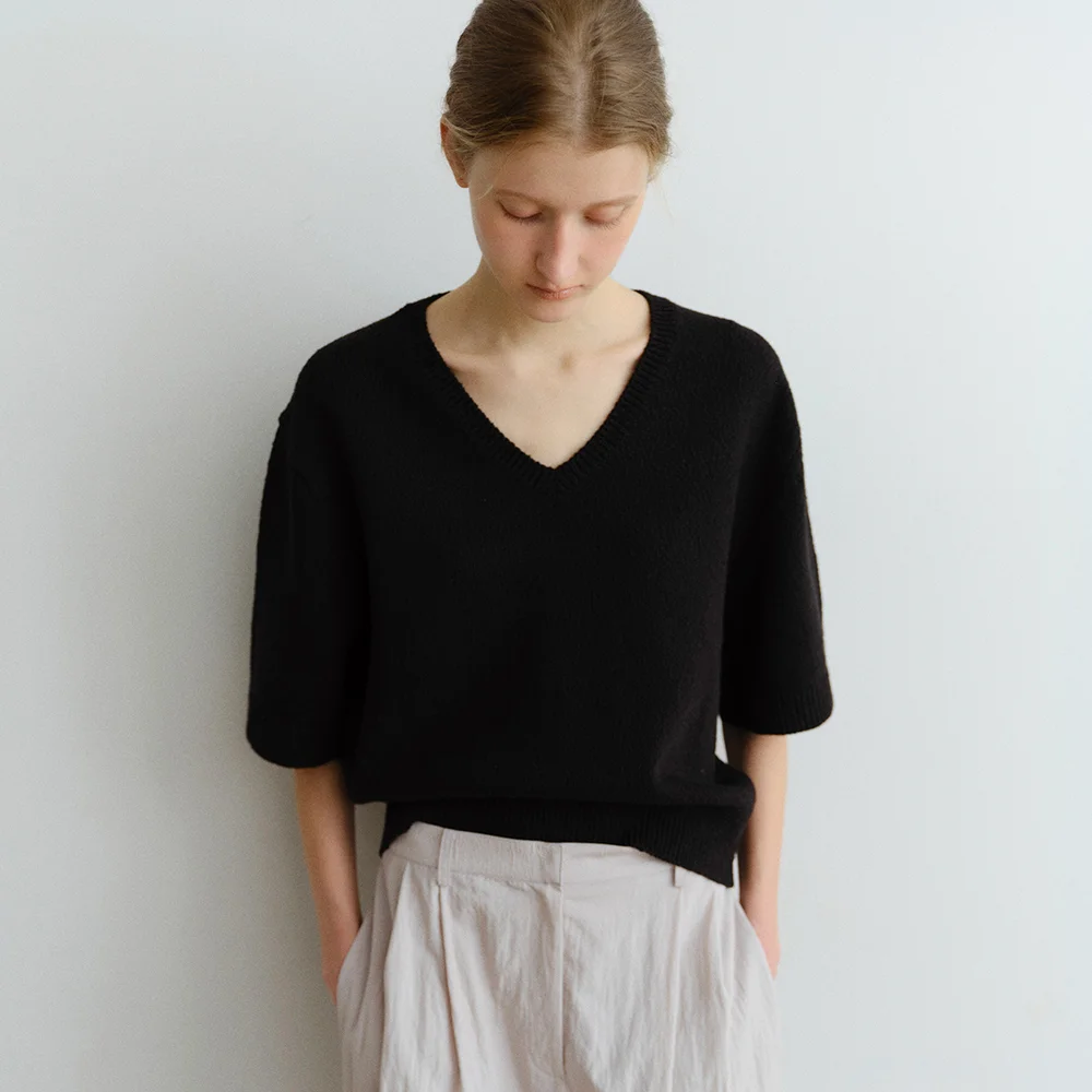 COTTON V-NECK KNIT_BLACK