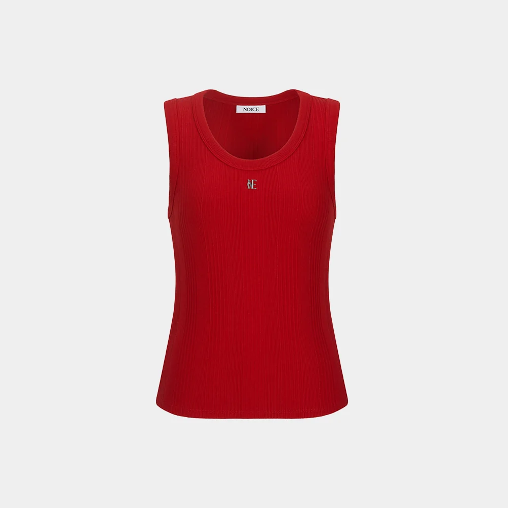 (W) LOGO RIBBED SLEEVELESS TOP - RED