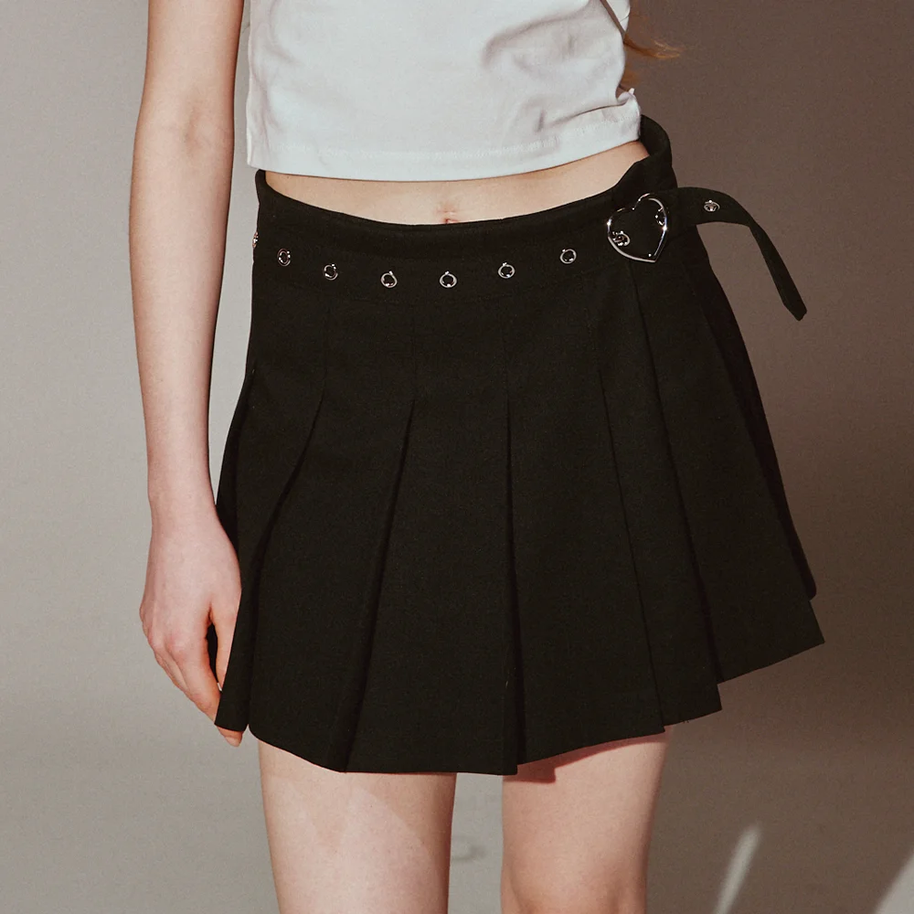 Heart Buckle Pleats Wrap Skirt Black
