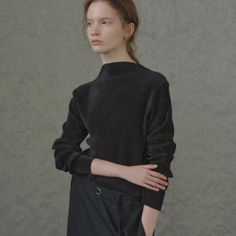 Pleats mock neck top _Black