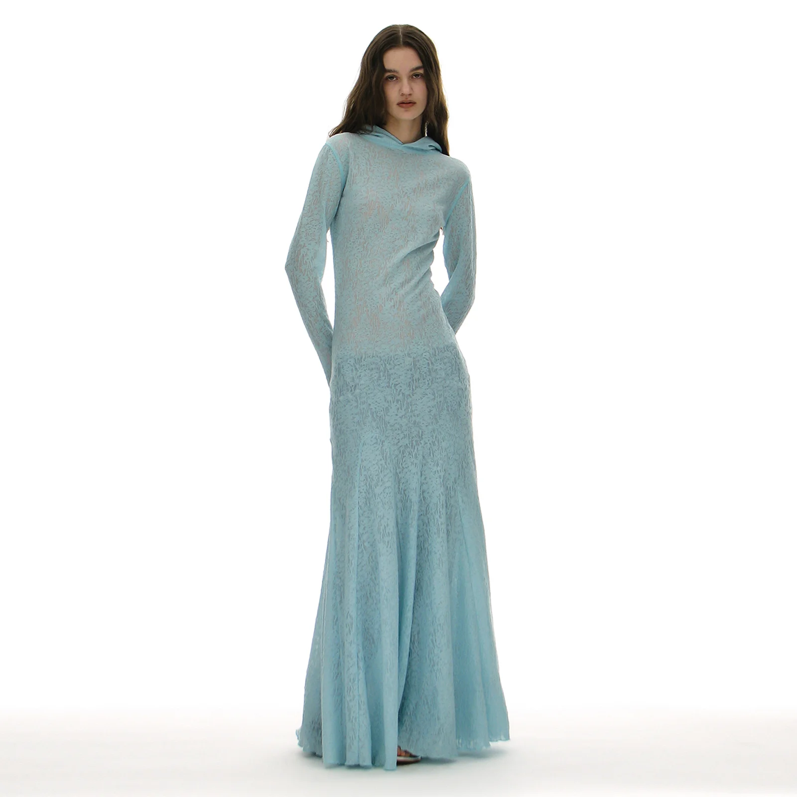 SHEER LACE JERSEY HOODIE DRESS_SKY